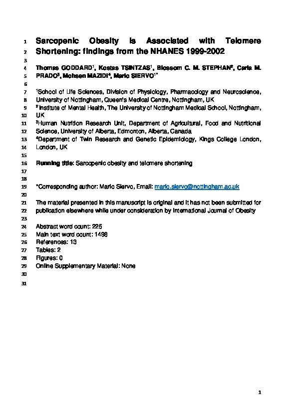 Sarcopenic obesity is associated with telomere shortening: findings from the NHANES 1999–2002 Thumbnail
