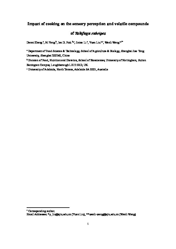 Impact of cooking on the sensory perception and volatile compounds of Takifugu rubripes Thumbnail