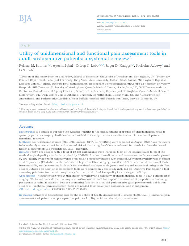 Utility of unidimensional and functional pain assessment tools in adult postoperative patients: a systematic review Thumbnail