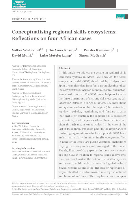 Conceptualising regional skills ecosystems: Reflections on four African cases Thumbnail