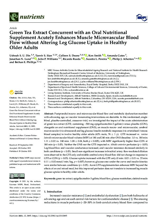 Green Tea Extract Concurrent with an Oral Nutritional Supplement Acutely Enhances Muscle Microvascular Blood Flow without Altering Leg Glucose Uptake in Healthy Older Adults Thumbnail