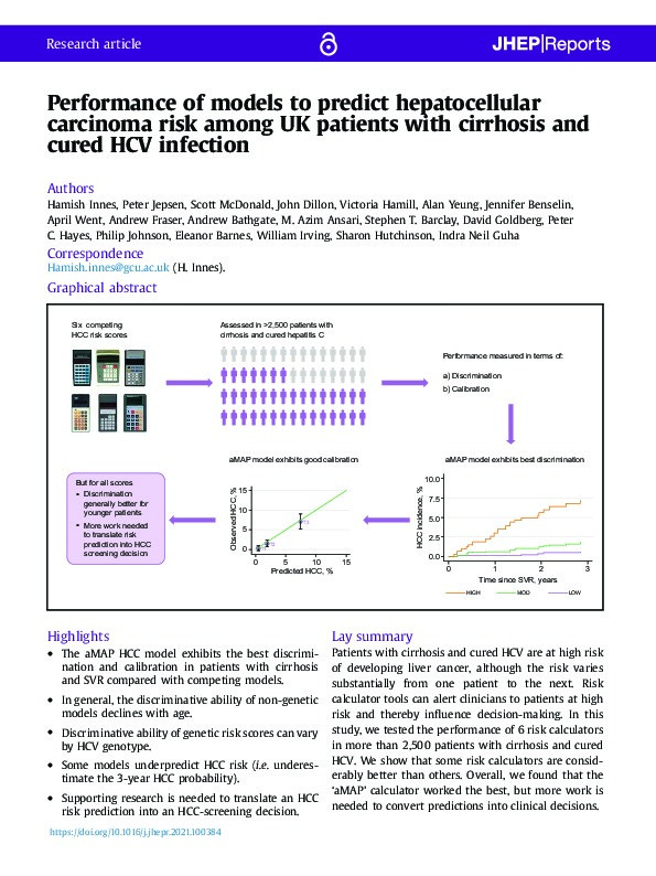 Performance of models to predict hepatocellular carcinoma risk among UK patients with cirrhosis and cured HCV infection Thumbnail