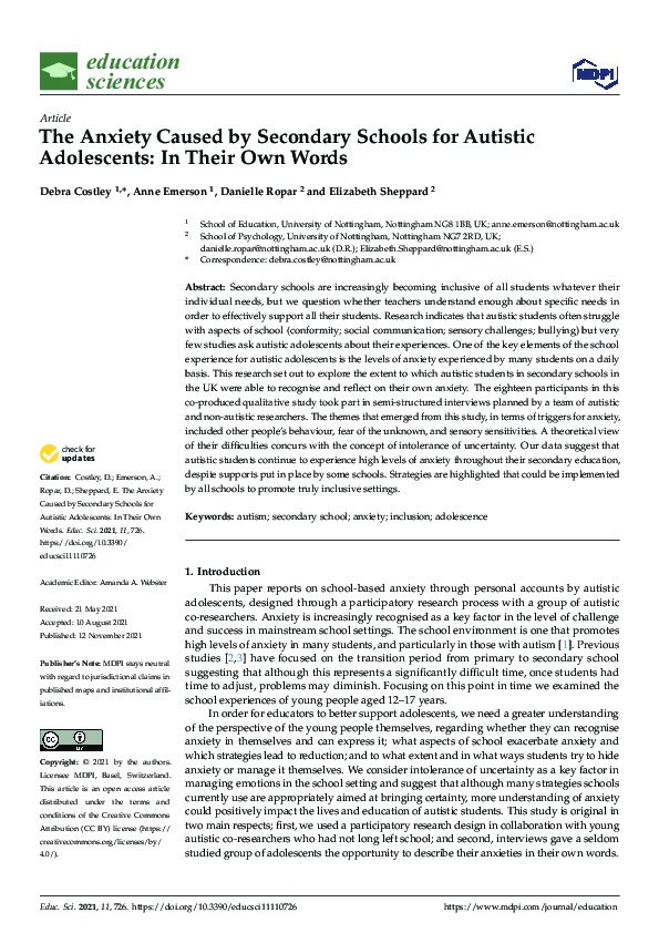 The anxiety caused by secondary schools for autistic adolescents: In their own words Thumbnail
