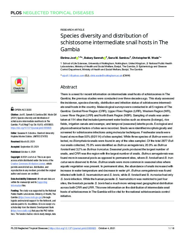 Species diversity and distribution of schistosome intermediate snail hosts in The Gambia Thumbnail