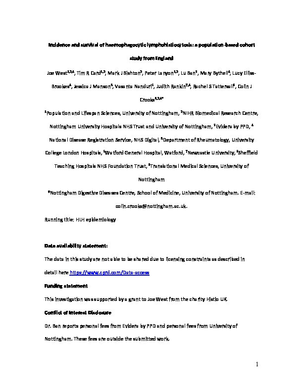 Incidence and survival of haemophagocytic lymphohistiocytosis: A population‐based cohort study from England Thumbnail