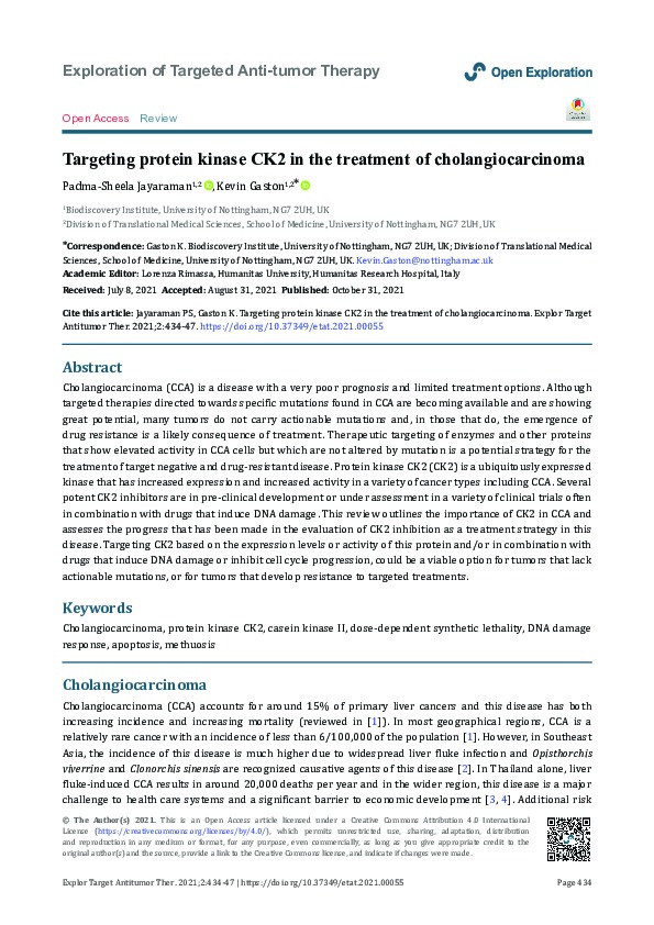 Targeting protein kinase CK2 in the treatment of cholangiocarcinoma Thumbnail