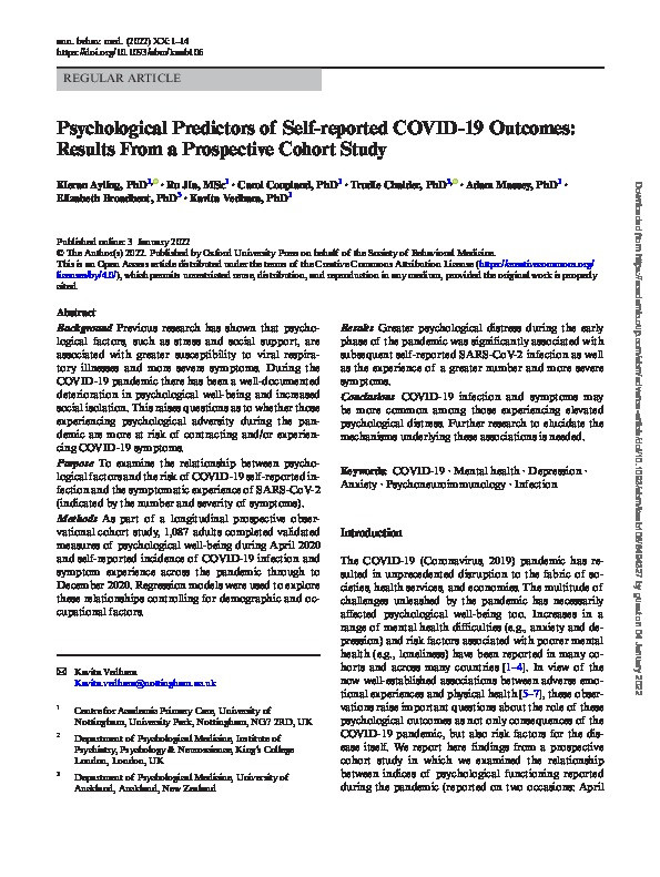 Psychological Predictors of Self-reported COVID-19 Outcomes: Results From a Prospective Cohort Study Thumbnail