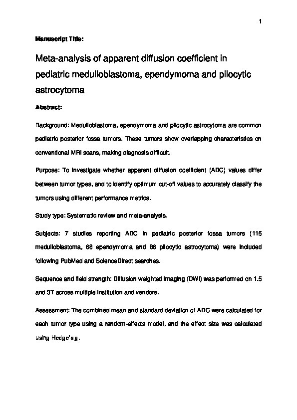 Meta-Analysis of Apparent Diffusion Coefficient in Pediatric Medulloblastoma, Ependymoma, and Pilocytic Astrocytoma Thumbnail