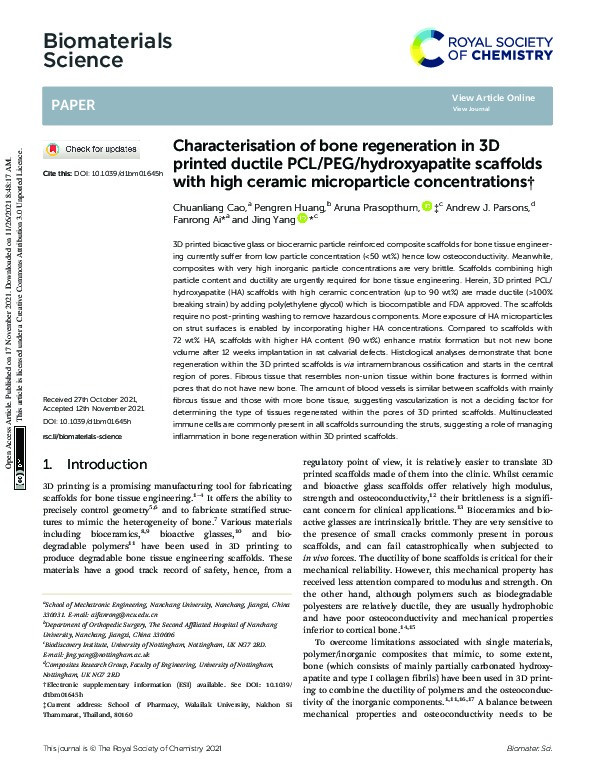 Characterisation of bone regeneration in 3D printed ductile PCL/PEG/hydroxyapatite scaffolds with high ceramic microparticle concentrations Thumbnail