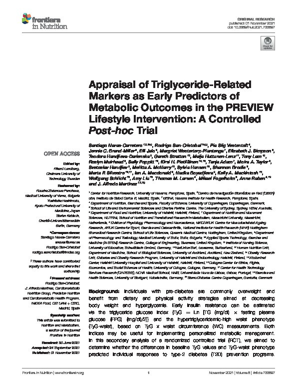 Appraisal of Triglyceride-Related Markers as Early Predictors of Metabolic Outcomes in the PREVIEW Lifestyle Intervention: A Controlled Post-hoc Trial Thumbnail