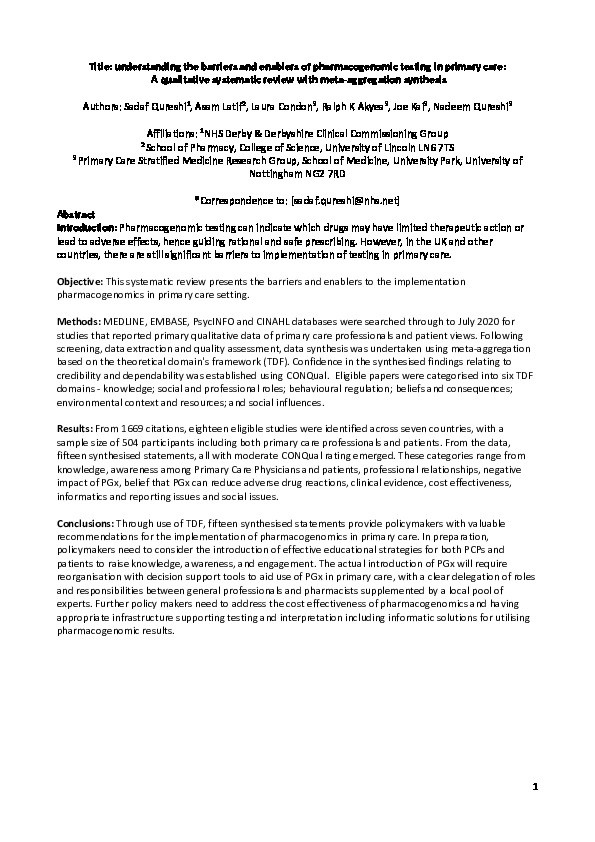 Understanding the barriers and enablers of pharmacogenomic testing in primary care: a qualitative systematic review with meta-aggregation synthesis Thumbnail