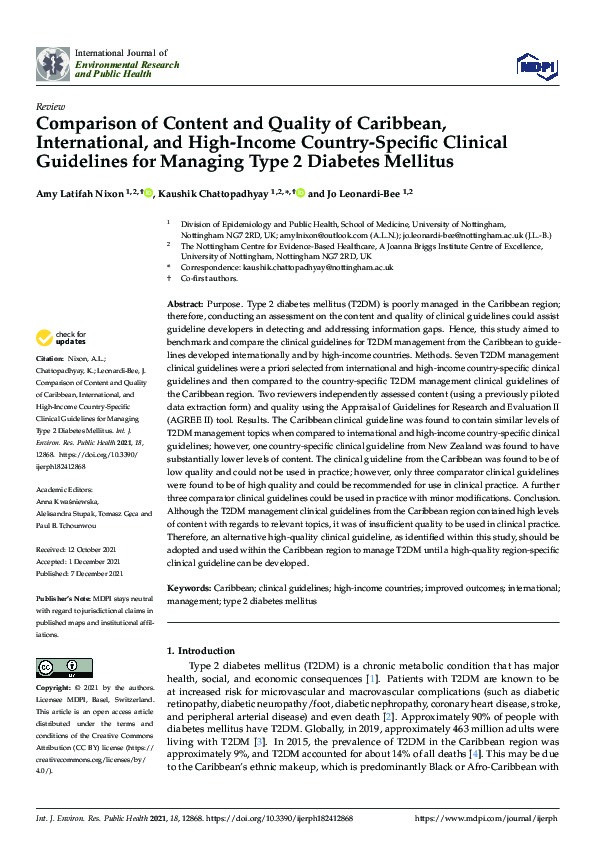 Comparison of Content and Quality of Caribbean, International, and High-Income Country-Specific Clinical Guidelines for Managing Type 2 Diabetes Mellitus Thumbnail