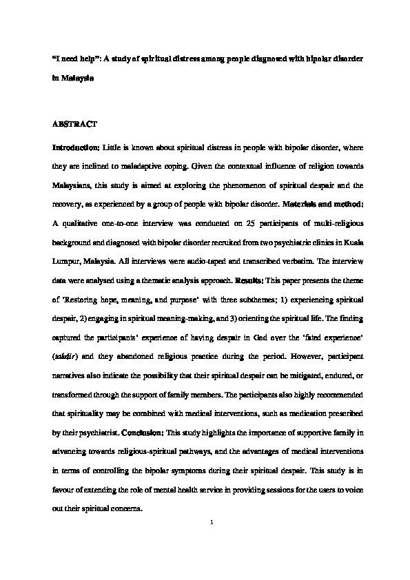 “I Need Help”: A Study of Spiritual Distress Among People Diagnosed With Bipolar Disorder in Malaysia Thumbnail