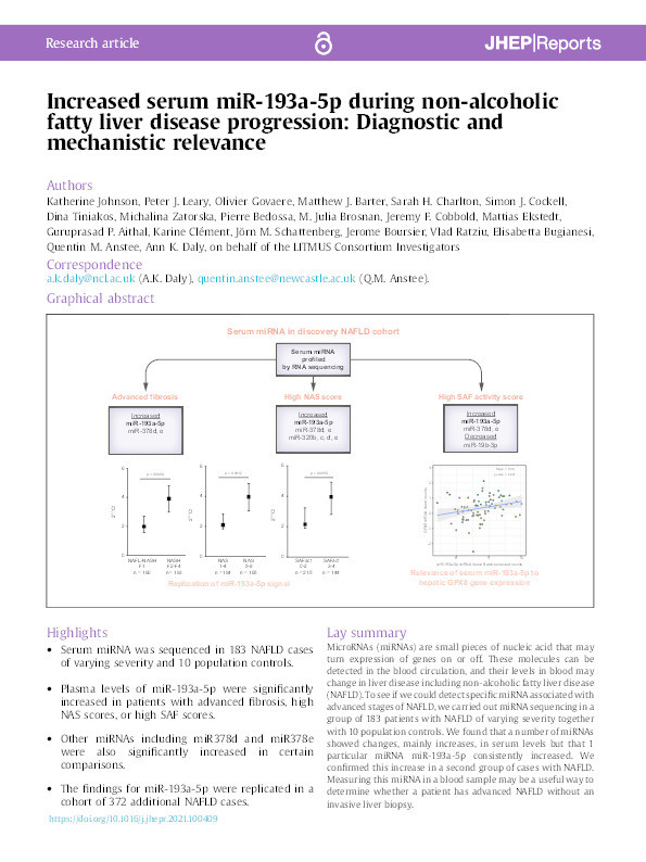 Increased serum miR-193a-5p during non-alcoholic fatty liver disease progression: Diagnostic and mechanistic relevance Thumbnail