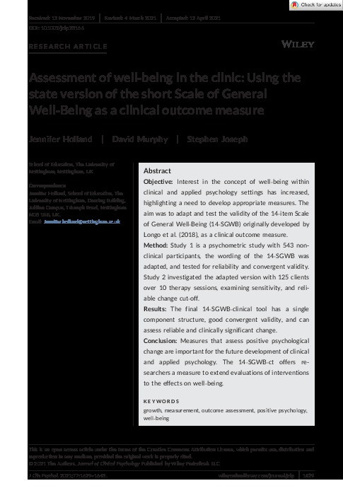 Assessment of well‐being in the clinic: Using the state version of the short Scale of General Well‐Being as a clinical outcome measure Thumbnail