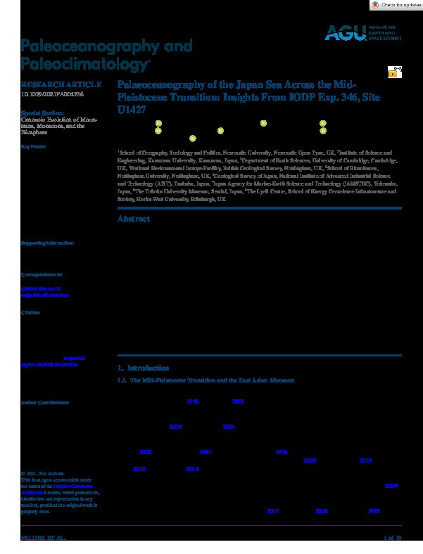 Palaeoceanography of the Japan Sea Across the Mid‐Pleistocene Transition: Insights From IODP Exp. 346, Site U1427 Thumbnail