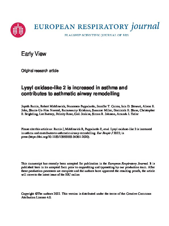 Lysyl oxidase like 2 is increased in asthma and contributes to asthmatic airway remodelling Thumbnail