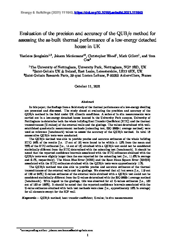 Evaluation of the precision and accuracy of the QUB/e method for assessing the as-built thermal performance of a low-energy detached house in UK Thumbnail