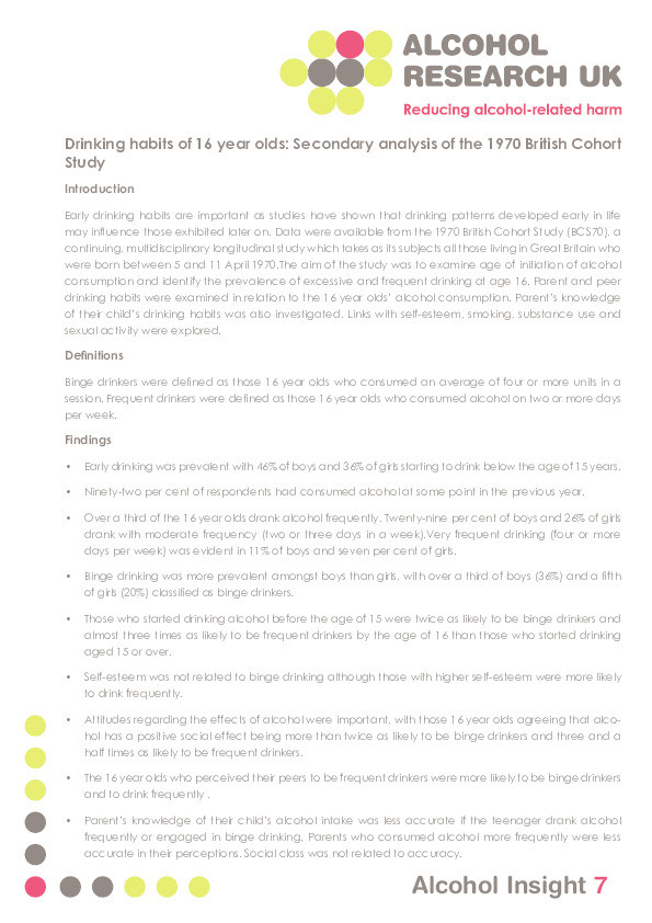 Drinking habits of 16 year olds: secondary analysis of the 1970 British cohort study Thumbnail