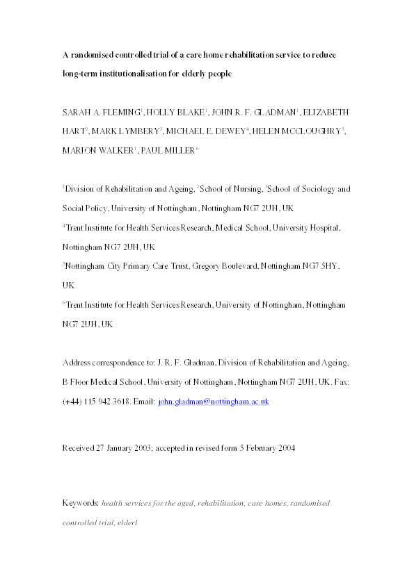 A randomised controlled trial of a care home rehabilitation service to reduce long-term institutionalisation for elderly people Thumbnail