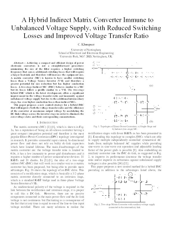 A hybrid indirect matrix converter immune to unbalanced voltage supply, with reduced switching losses and improved voltage transfer ratio Thumbnail