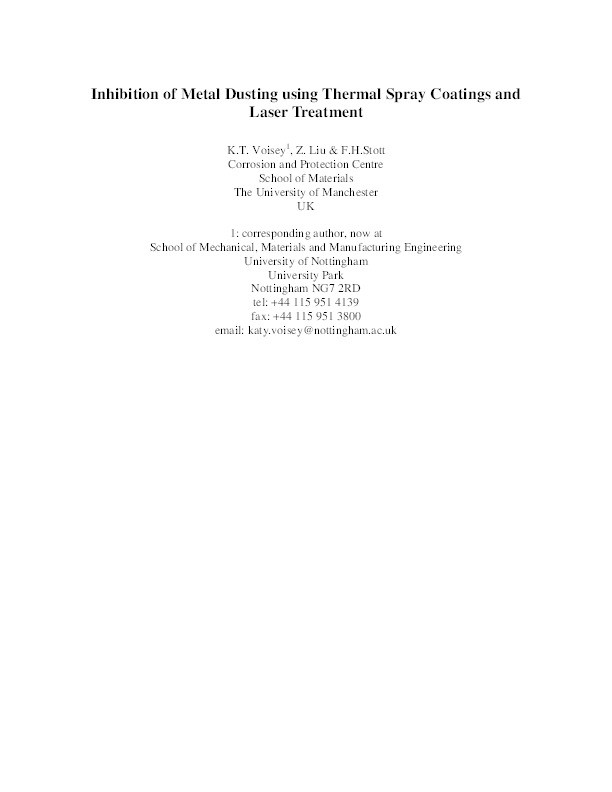 Inhibition of metal dusting using thermal spray coatings and laser treatment Thumbnail