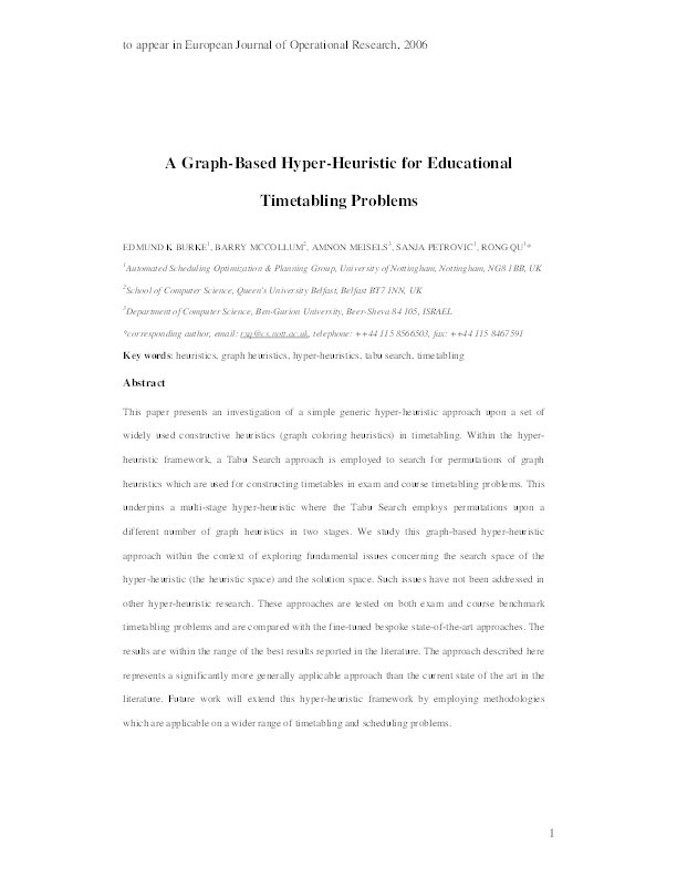A graph-based hyper heuristic for timetabling problems Thumbnail