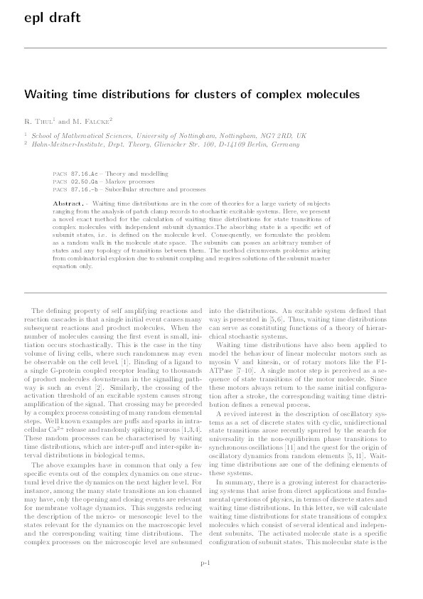 Waiting time distributions for clusters of complex molecules Thumbnail