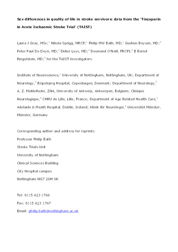 Sex differences in quality of life in stroke survivors. Data from the Tinzaparin in Acute Ischaemic Stroke Trial (TAIST) Thumbnail