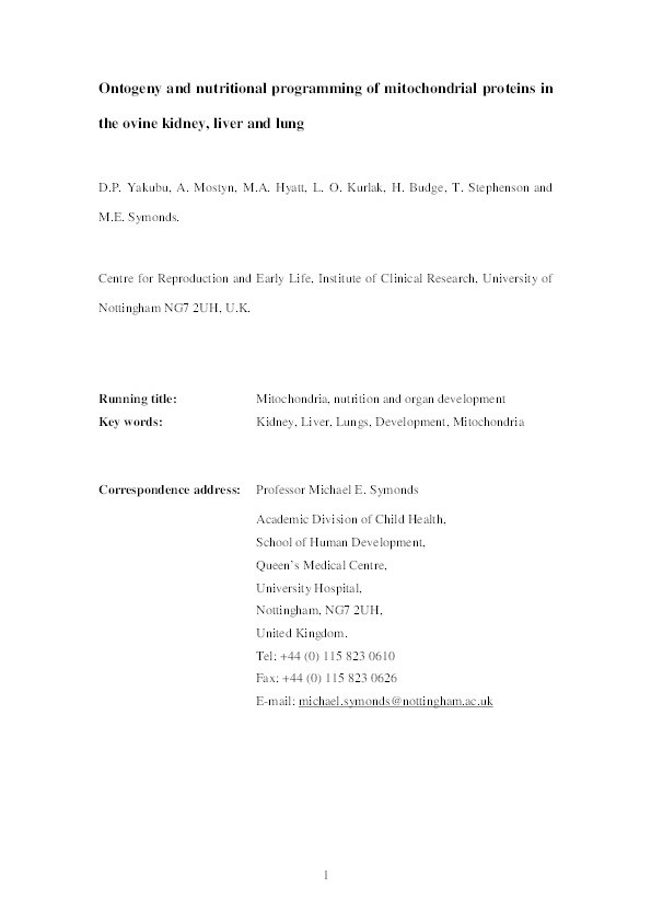Ontogeny and nutritional programming of mitochondrial proteins in the ovine kidney, liver and lung Thumbnail