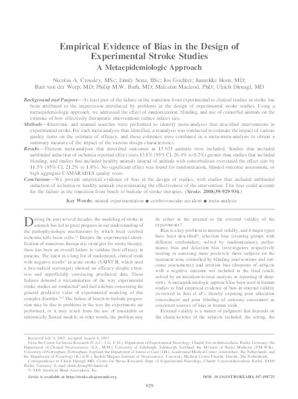 Empirical evidence of bias in the design of experimental stroke studies: a metaepidemiologic approach Thumbnail