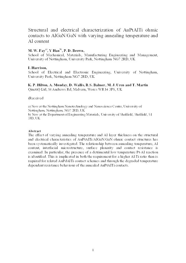 Structural and electrical characterization of AuPtAlTi ohmic contacts to AlGaN/GaN with varying annealing temperature and Al content Thumbnail