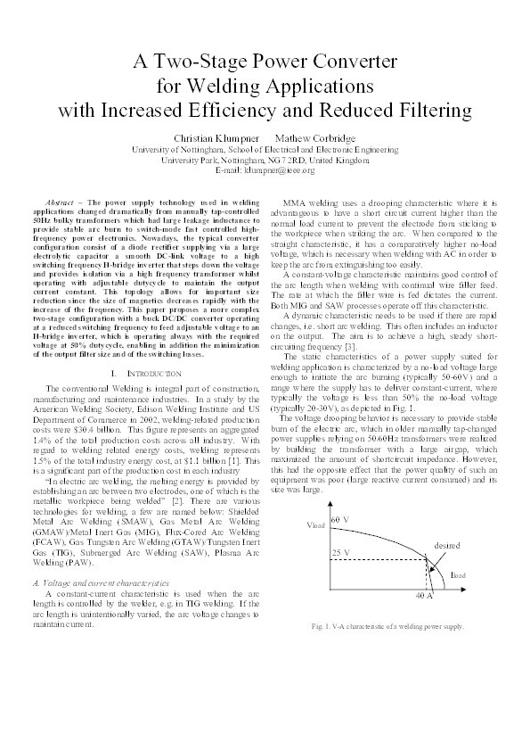 A two-stage power converter for welding applications with increased efficiency and reduced filtering Thumbnail