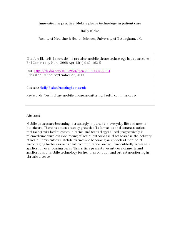 Innovation in practice: mobile phone technology in patient care Thumbnail