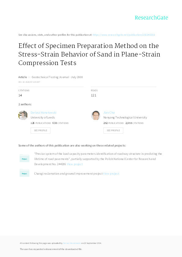 Effect of specimen preparation method on the stress-strain behavior of sand in plane-strain compression tests Thumbnail