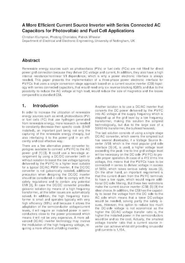 A more efficient current source inverter with series connected AC capacitors for photovoltaic and fuel cell applications Thumbnail