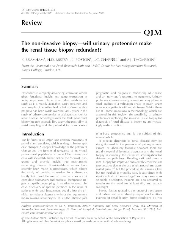 The non-invasive biopsy: will urinary proteomics make the renal tissue biopsy redundant? Thumbnail