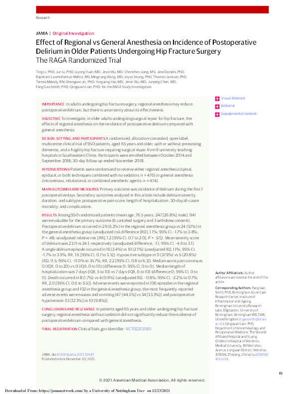 Effect of Regional vs General Anesthesia on Incidence of Postoperative Delirium in Older Patients Undergoing Hip Fracture Surgery: The RAGA Randomized Trial Thumbnail