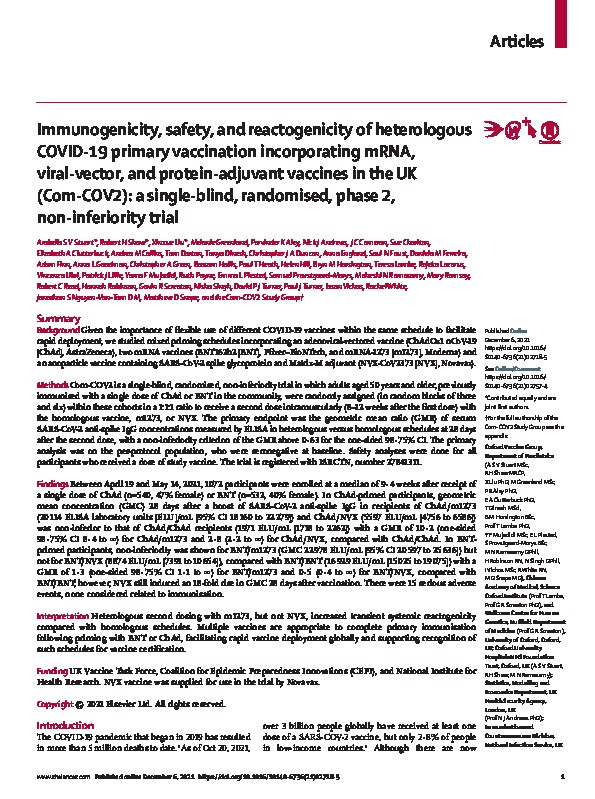 Immunogenicity, safety, and reactogenicity of heterologous COVID-19 primary vaccination incorporating mRNA, viral-vector, and protein-adjuvant vaccines in the UK (Com-COV2): a single-blind, randomised, phase 2, non-inferiority trial Thumbnail