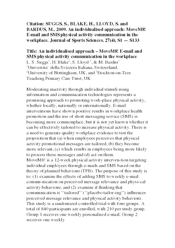 Presentation 2: An individualised approach – MoveM8! E-mail and SMS physical activity communication in the workplace Thumbnail