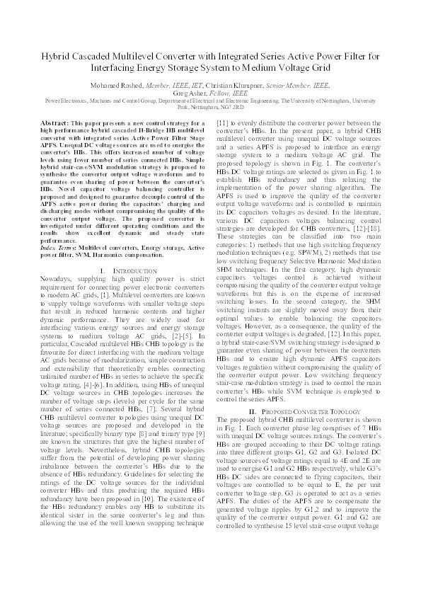 Hybrid cascaded multilevel converter with integrated series Active Power Filter for interfacing energy storage system to medium voltage grid Thumbnail