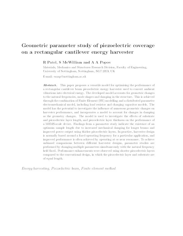 A geometric parameter study of piezoelectric coverage on a rectangular cantilever energy harvester Thumbnail