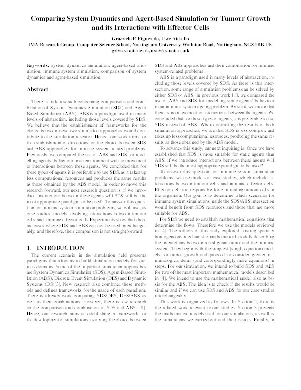 Comparing System Dynamics and Agent-Based Simulation for tumour growth and its interactions with effector cells Thumbnail