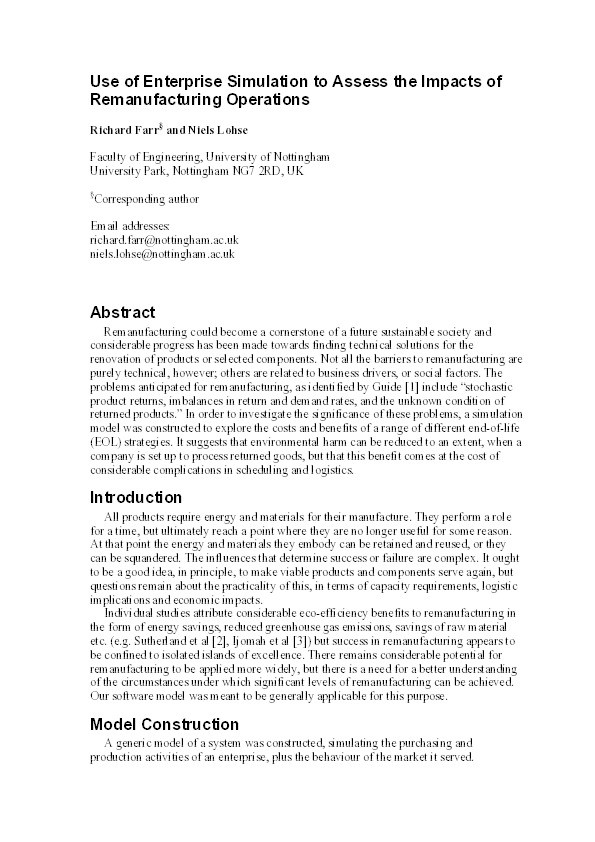 Use of enterprise simulation to assess the impacts of remanufacturing operations Thumbnail