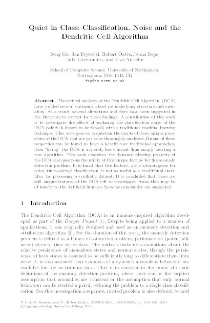 Quiet in class: classification, noise and the dendritic cell algorithm Thumbnail