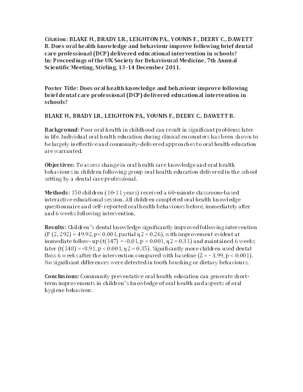 Does oral health knowledge and behaviour improve following brief dental care professional (DCP) delivered educational intervention in schools? Thumbnail