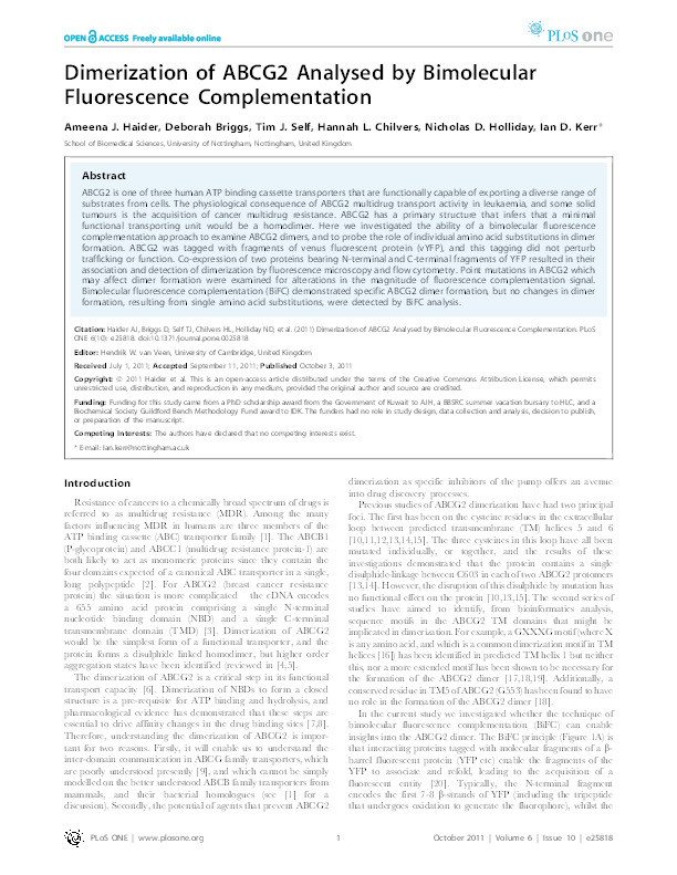 Dimerization of ABCG2 analysed by bimolecular fluorescence complementation Thumbnail