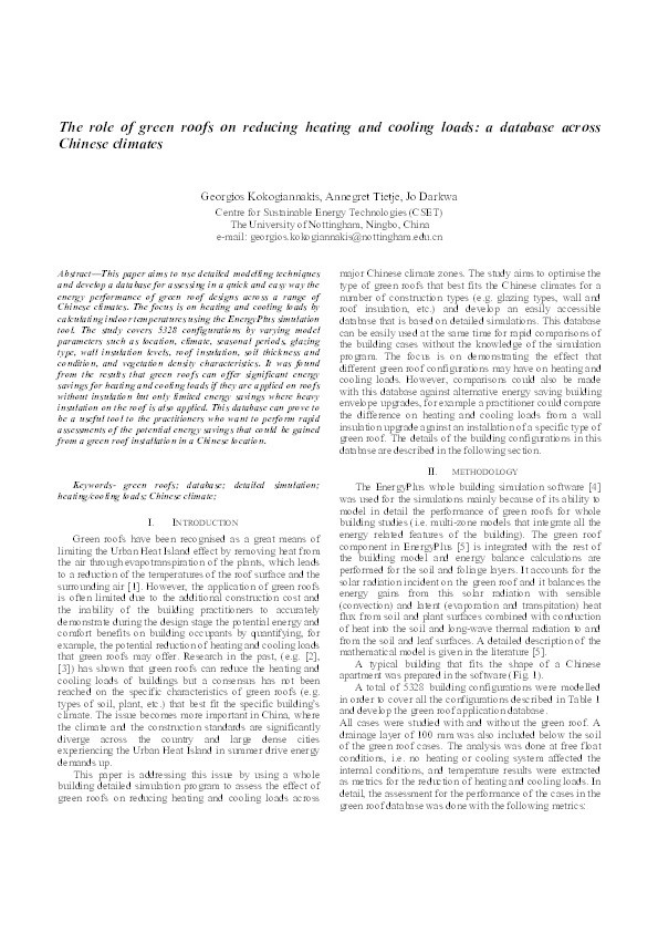 The role of green roofs on reducing heating and cooling loads: a database across Chinese climates Thumbnail