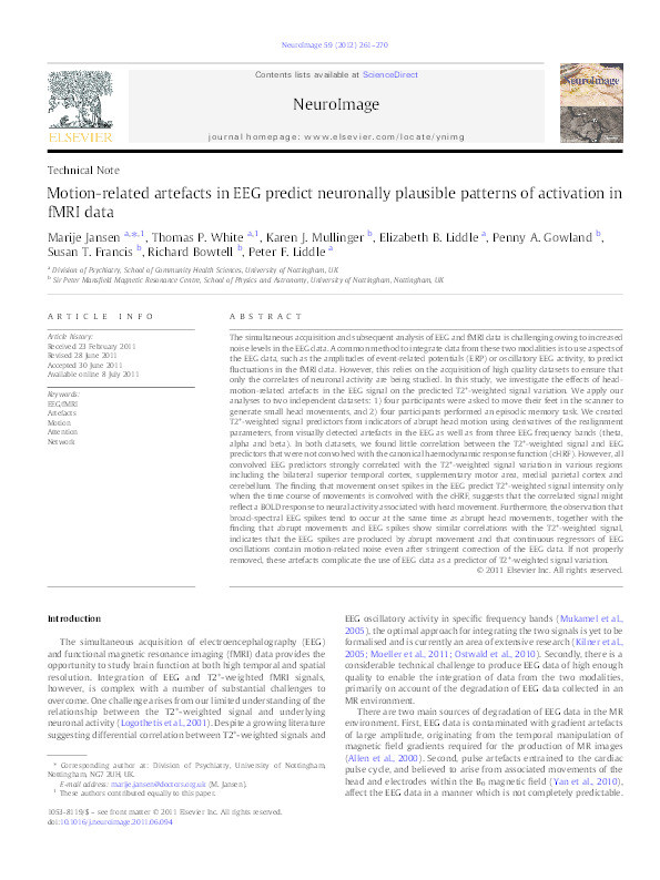 Motion-related artefacts in EEG predict neuronally plausible patterns of activation in fMRI data Thumbnail