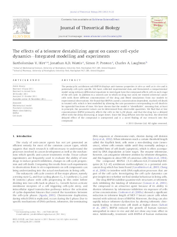 The effects of a telomere destabilising agent on cancer cell-cycle dynamics - integrated modelling and experiments Thumbnail